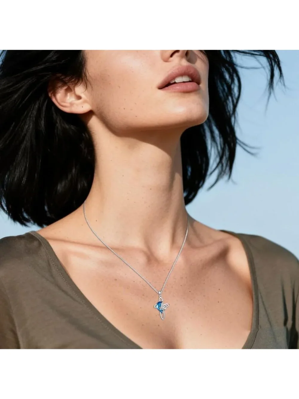 Women's Blue Sterling Silver Dolphin Beach Themed Pendant Crystal Necklace